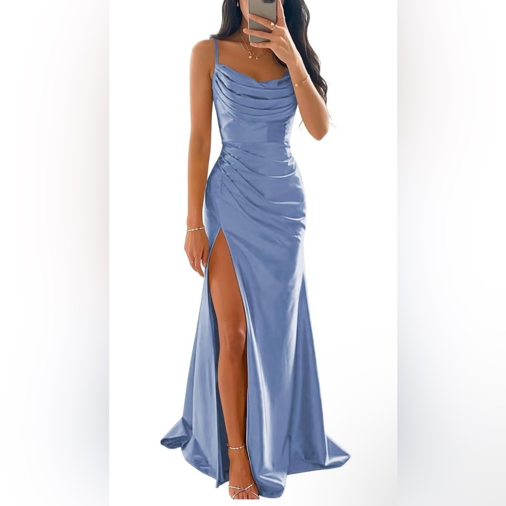 Elegant Dusty Blue Glam slit satin gown sz 6 - Picture 1 of 8
